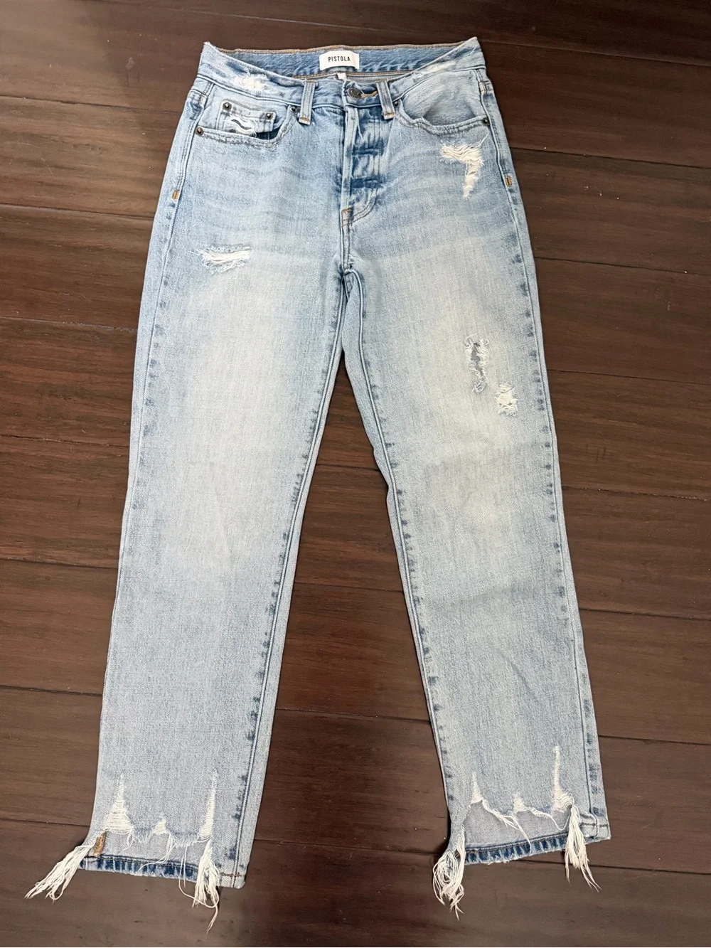 Pistola High Rise Straight Jeans light wash distressed raw hem 24 - Picture 1 of 4
